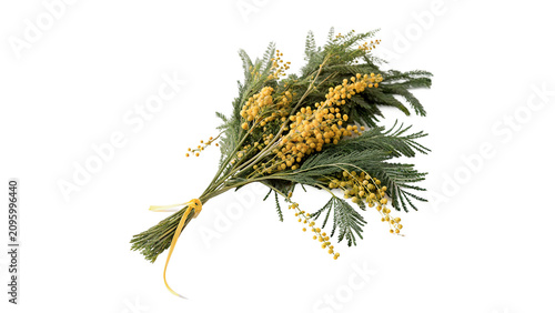 Foto Bundle of fragrant dry mimosa flowers tied with twine spring holiday isolated on