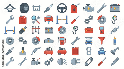 Slika na platnu Vehicle maintenance icons illustrate a wide array of essential automotive components and diagnostic tools used in professional repair environments to ensure optimal engine performance and safety