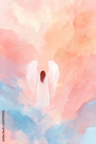Vertical watercolor illustration of angel figure with soft wings on pastel background in airy composition. Perfect for religious themes, greeting cards, spiritual art, Christian stationery design
