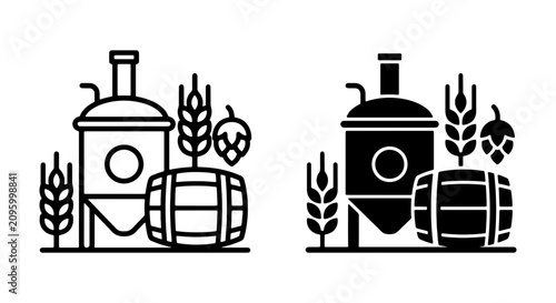 Tableau sur toile Brewery Icons: Craft Beer Production Equipment, Malt, Hops, and Barrel Vector Se
