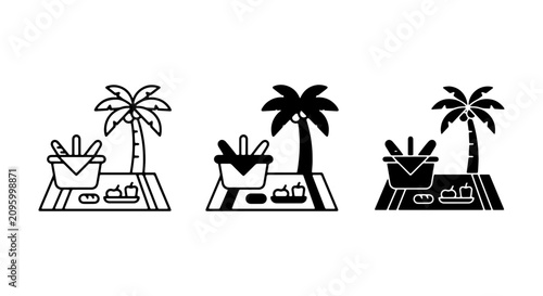Fotografía Beach Picnic Icons Set: Palm Tree, Basket, Food, Blanket