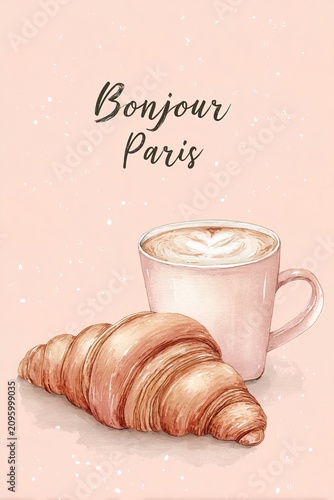 A warm cup of coffee sits next to a fresh croissant on a table in a cafe. The simple scene captures the joy of breakfast in Paris