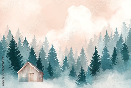 A small cabin sits at the base of tall pine trees in a misty setting. Soft colors fill the sky, creating a simple scene of nature and quietness