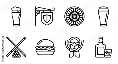 Foto Bar Icons Set: Beer, Roulette, Pub Sign, Burger, Pool Cues, Whiskey, Celebration