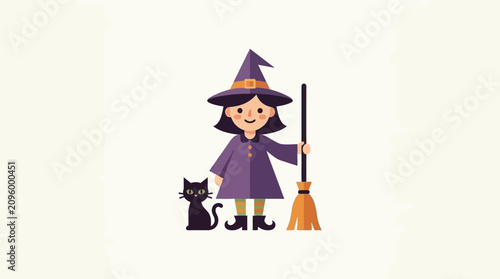 Tableau sur toile A charming cartoon witch stands with her black cat and broom