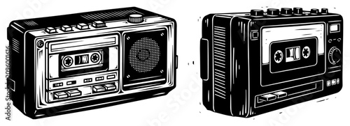 Fotografie Portable radio cassette player and boombox with speaker in vintage woodcut engra