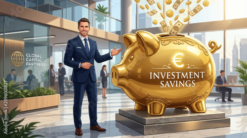 Successful business growth and financial prosperity a man presenting a golden piggy bank filled with money, symbolizing investment and economic success in the modern business world