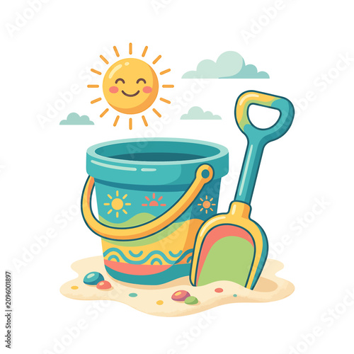 Colorful beach bucket and shovel with smiling sun illustration.