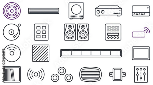 Smart home audio equipment outline vector icons