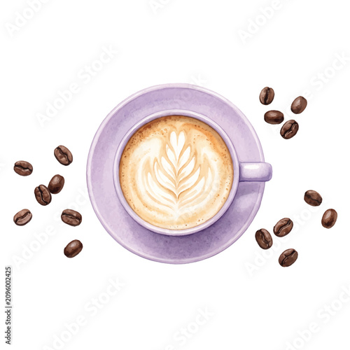 Watercolor Cappuccino in Lavender Minimalist Cup with Coffee Beans Flat Lay Isolated on White Background Vector
