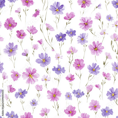Cute feminine watercolor seamless pattern with wildflowers