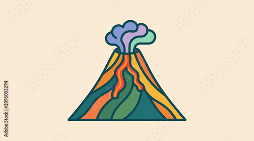 Fotografie Colorful cartoon volcano with flowing lava and smoke.
