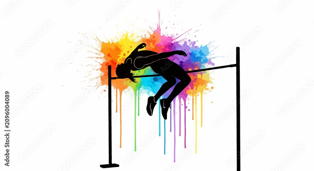 Obraz premium High Jump Athlete Silhouette with Vibrant Watercolor Splatter Effect