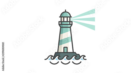 Foto Illustrated lighthouse with glowing beacon and waves.