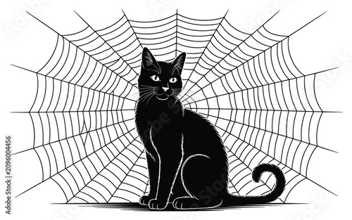 Cuadro en lienzo Mysterious black cat perched in front of a spooky spiderweb, perfect for Hallowe