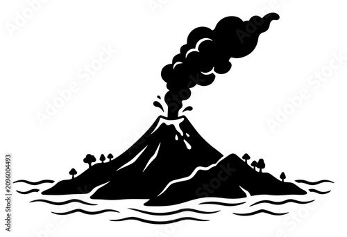 Quadro su tela Volcano island erupting with smoke and ash in bold graphic silhouette style