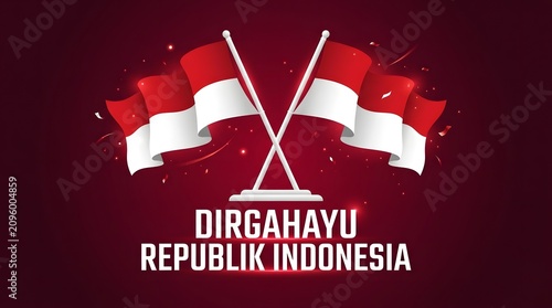 Clean dark red gradient landscape banner featuring two crossed Indonesian flags on poles in the center with a glowing spotlight effect.