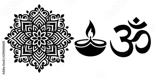Foto Decorative mandala pattern alongside a burning diya lamp and Om symbol in elegan