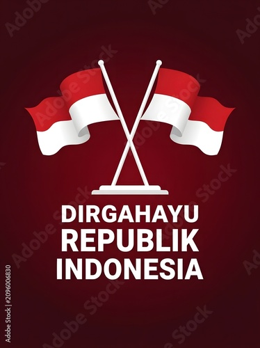 Vertical greeting design with a luxury dark red gradient background, featuring two crossed Indonesian flags and elegant glowing typography.