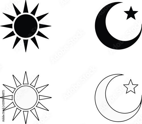 Fotografie Set of Simple Celestial Icons Representing Sun Moon and Star in Solid and Outlin