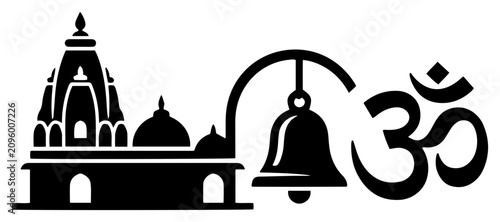 Obraz na płótnie Hindu temple architecture with ceremonial bell and Om symbol in flat silhouette