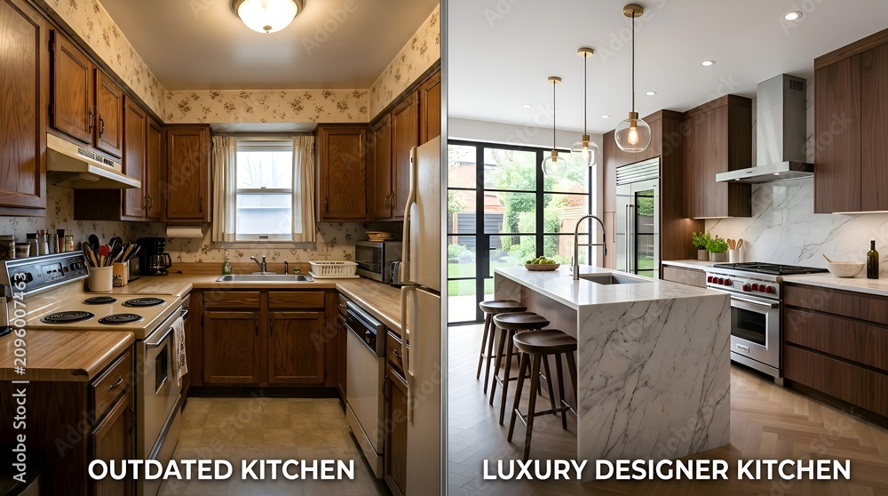 Obraz premium Before and After Kitchen Renovation: Old vs. Modern Luxury Designer Kitchen