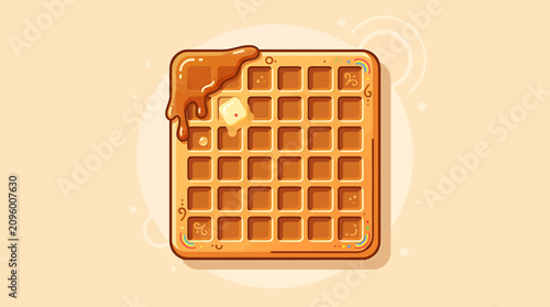 Foto Golden brown waffle with syrup dripping.