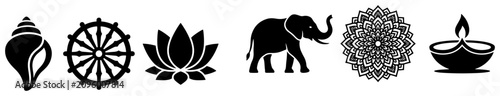 Foto Hindu spiritual icons including conch lotus wheel of dharma elephant mandala and