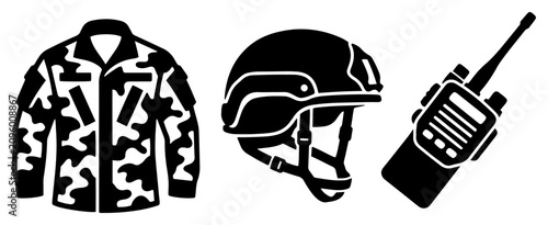 Fotografía Military combat uniform helmet and radio transmitter walkie talkie in black and