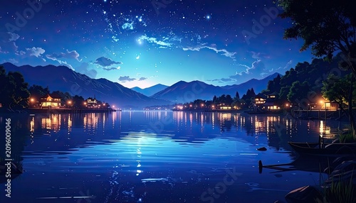 Serene Mountain Lake Under Starry Night Sky.