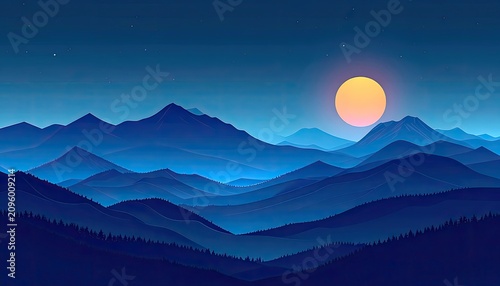 Serene Mountain Landscape at Sunset with a Full Moon.