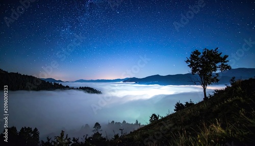 Serene Mountain Landscape Under Starry Night Sky With Sea of Clouds.