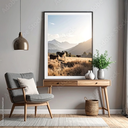 Serene Mountain Landscape with Cattle Grazing at Sunrise.