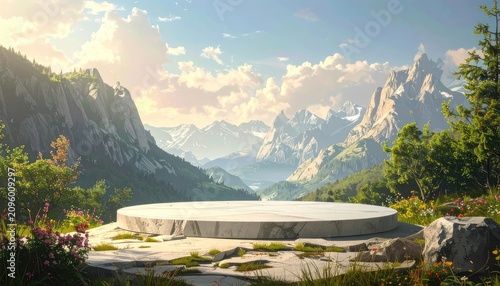Serene Mountain Landscape with Circular Stone Platform and Lush Greenery.