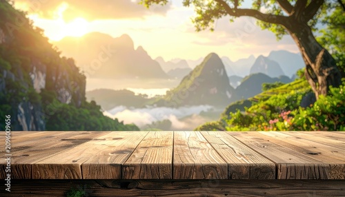 Serene Mountain Landscape with Wooden Table at Sunrise.