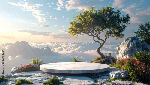 Serene Mountain Peak Platform with Ancient Tree and Sunrise Clouds.
