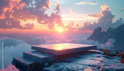 Serene Mountain Peak Stage at Sunrise with Dramatic Clouds.