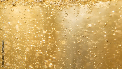 Close up macro view of bright golden liquid surface with thousands of glowing carbonated fizzy bubbles texture for luxury celebration.