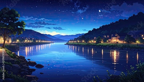 Serene Nighttime River Landscape with Village Lights and Starry Sky.
