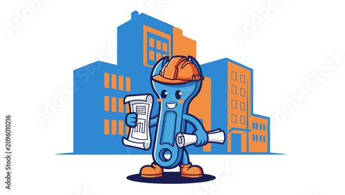 Playful Construction Character with Plans in Urban Setting - Digital Illustration - Creative Design