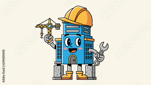 Playful Construction Mascot Holds Tools at a Building Site - Fun Illustration for Kids and Education