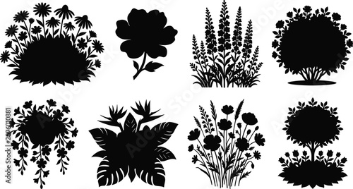 Black Garden Plant Silhouette Collection Featuring Flowers Shrubs Tropical Foliage Hanging Basket and Botanical Landscape Elements