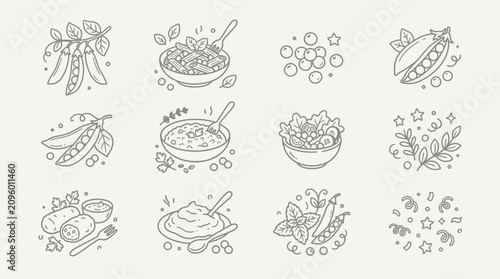 Canvastavla A collection of monochrome line art icons depicting various forms of peas, including pods, shelled peas, and prepared dishes like soup, mashed peas, and salads