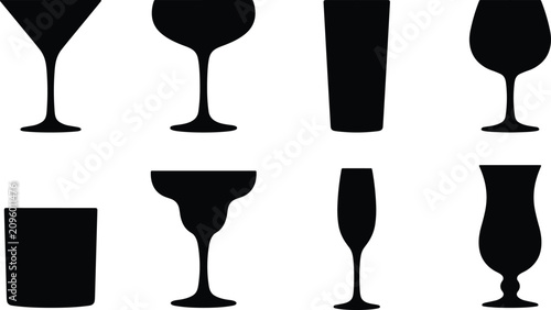 Collection of Cocktail Glass Silhouettes and Drinkware Vector Icons for Bar and Beverage Design