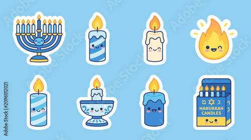 Tableau sur toile Cute vector graphic set featuring smiling menorah candles and flames designed as