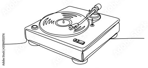 Retro vinyl record player turntable drawn in continuous single line art style