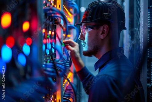 It engineer maintaining server racks in modern data center