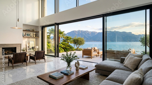 Luxury living room with lake view fireplace, modern sofa, and large windows