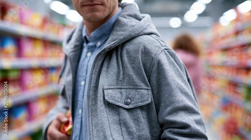 Man secretly hiding a product under his jacket in a supermarket aisle