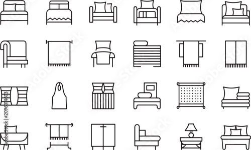 Tableau sur toile Beds and Furniture Icons in Minimalist Style Featuring Bed, Sofa, Chair with Mat